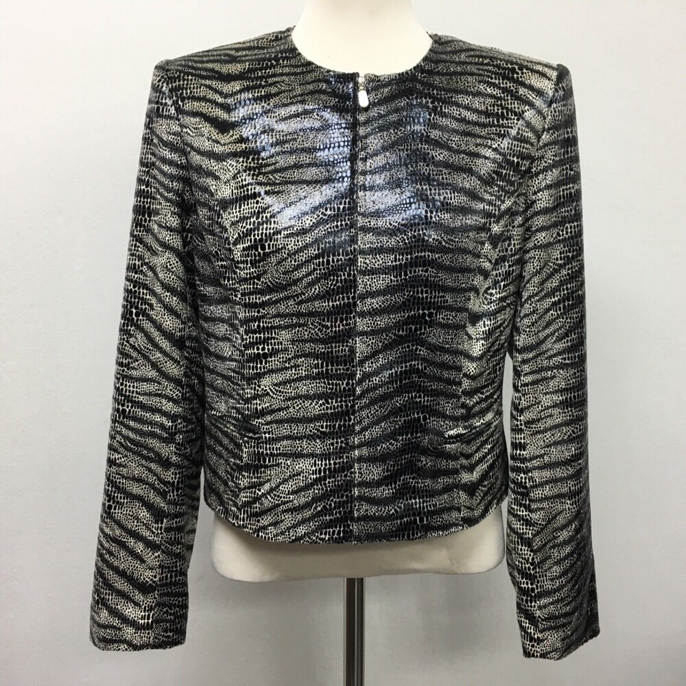 Jenni Max NYC Women's Light Jacket Size 8 Black Bone Animal Print